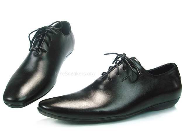 Prada Men's Dress Shoes - All Black Textured Leather With "PRADA" Logo