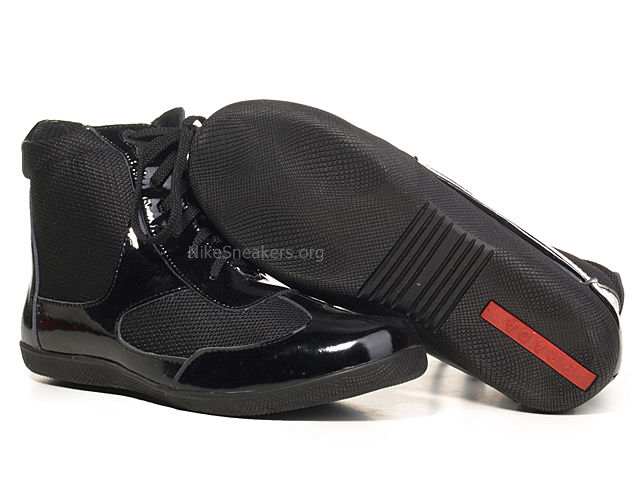 Prada Men's High Shoes - All Black Leather and Net with Red Line Prada Men's High Shoes - All Black Leather and Net with Red Line