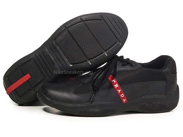 Prada Men's Low Shoes - All Black with Red Line and White Brand Prada Men's Low Shoes - All Black with Red Line and White Brand