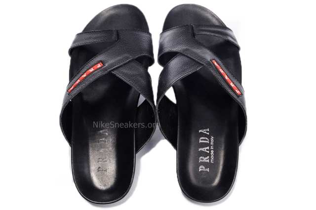 Prada Men's Slipper - Black Leather with Red Line and White Brand Prada Men's Slipper - Black Leather with Red Line and White Brand