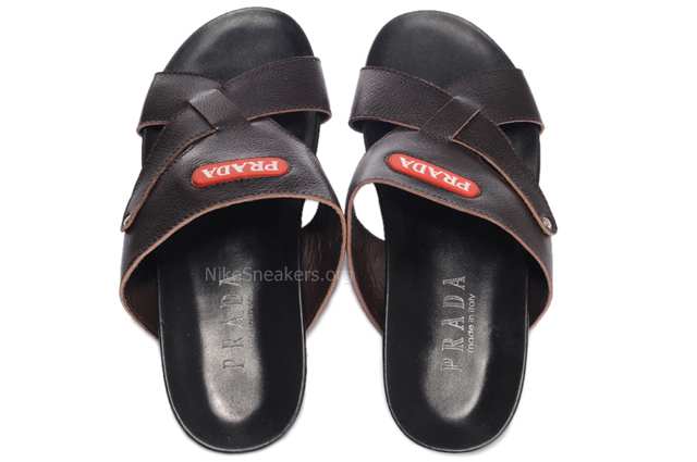Prada Men's Slipper - Black with Red Line in Brown Double X-shaped and Brand Prada Men's Slipper - Black with Red Line in Brown Double X-shaped and Brand