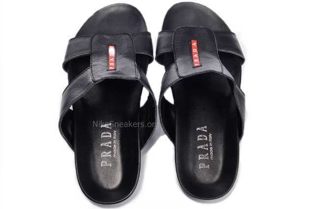 Prada Men's Slipper - Black with Red Line in I-shaped and White Brand